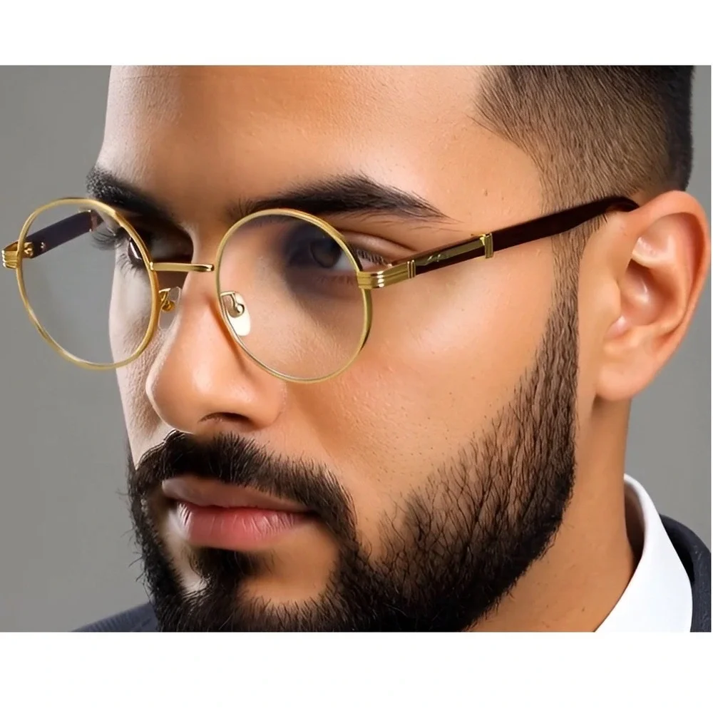 Round Glasses Gold Frame Wood Accent Clear Lens‎ Men's Fashion Hip Hop Festival